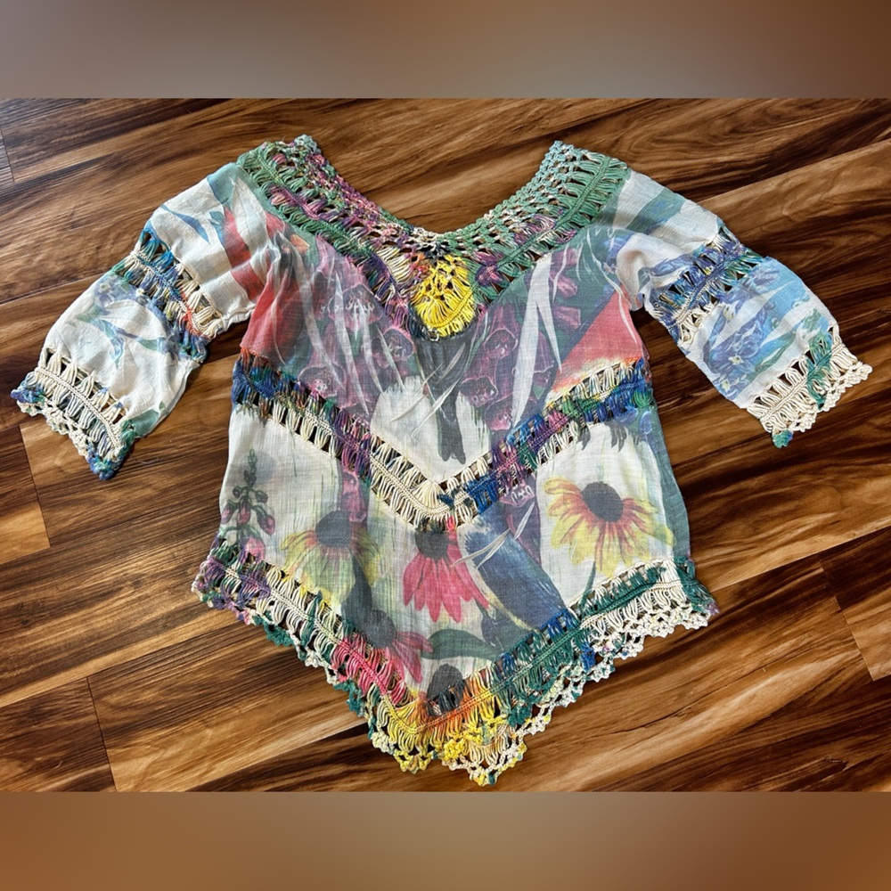 Dor Dor Boho Crochet Patchwork Top XL Sheer Floral Festival Lagenlook